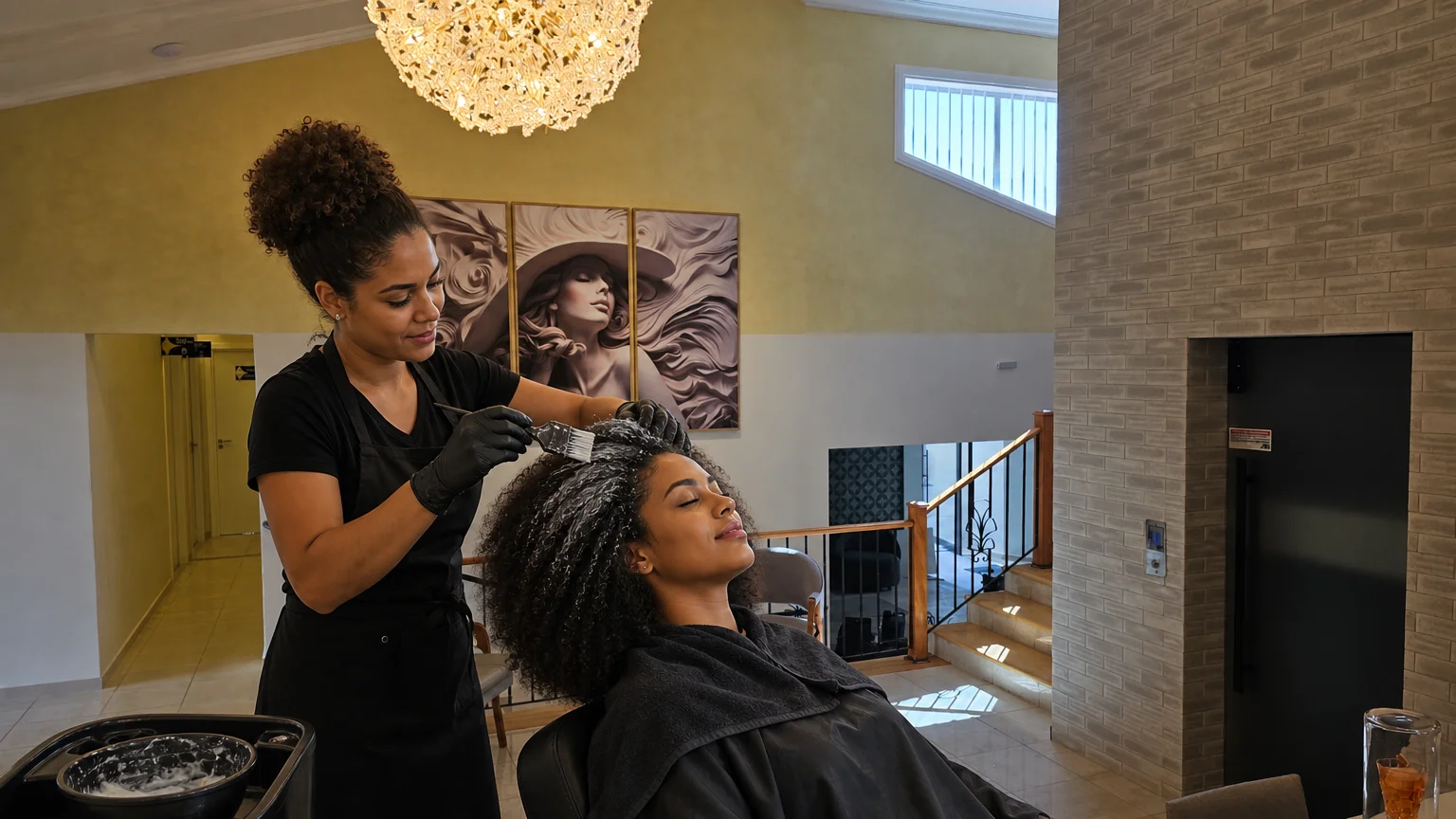 Profissional aplicando máscara de hidratação em cliente com cabelo crespo volumoso e saudável no We Hall Beauty Bauru