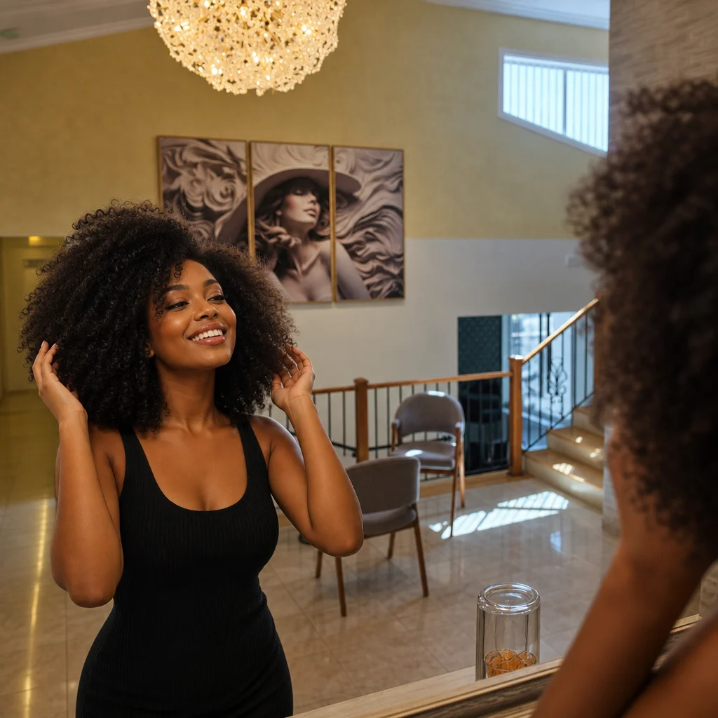 Mulher sorrindo ao espelho com cabelo crespo solto e volumoso, expressão de confiança e alegria
