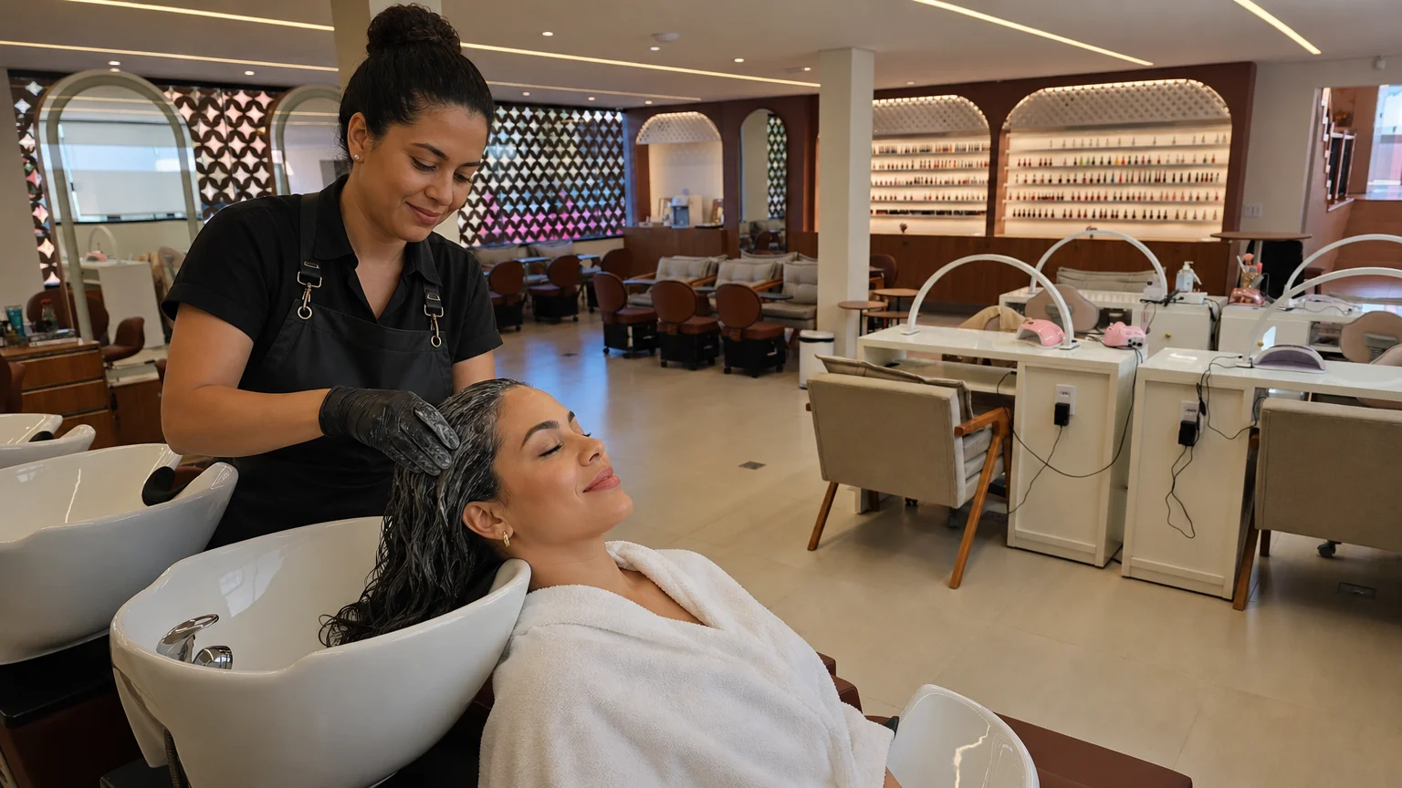 Cabeleireira aplicando máscara de hidratação no cabelo de mulher — tratamento capilar de primavera no We Hall Beauty em Bauru