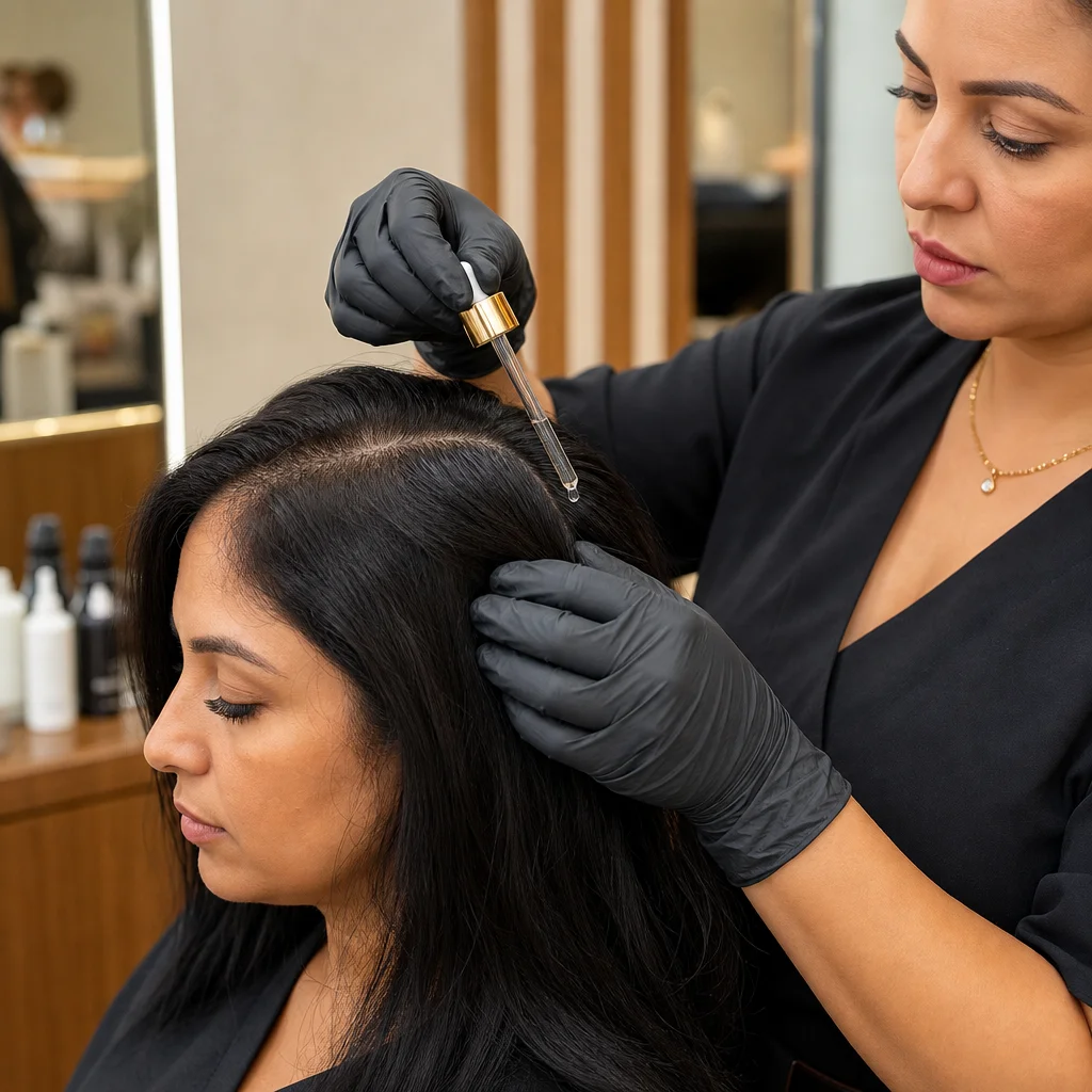 Profissional aplicando tratamento capilar no couro cabeludo em salão de beleza em Bauru