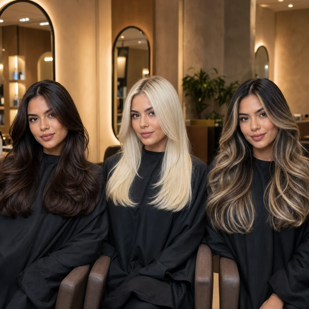Ilustração comparando coloração, descoloração e mechas californianas em cabelo de mulher brasileira no We Hall Beauty em Bauru