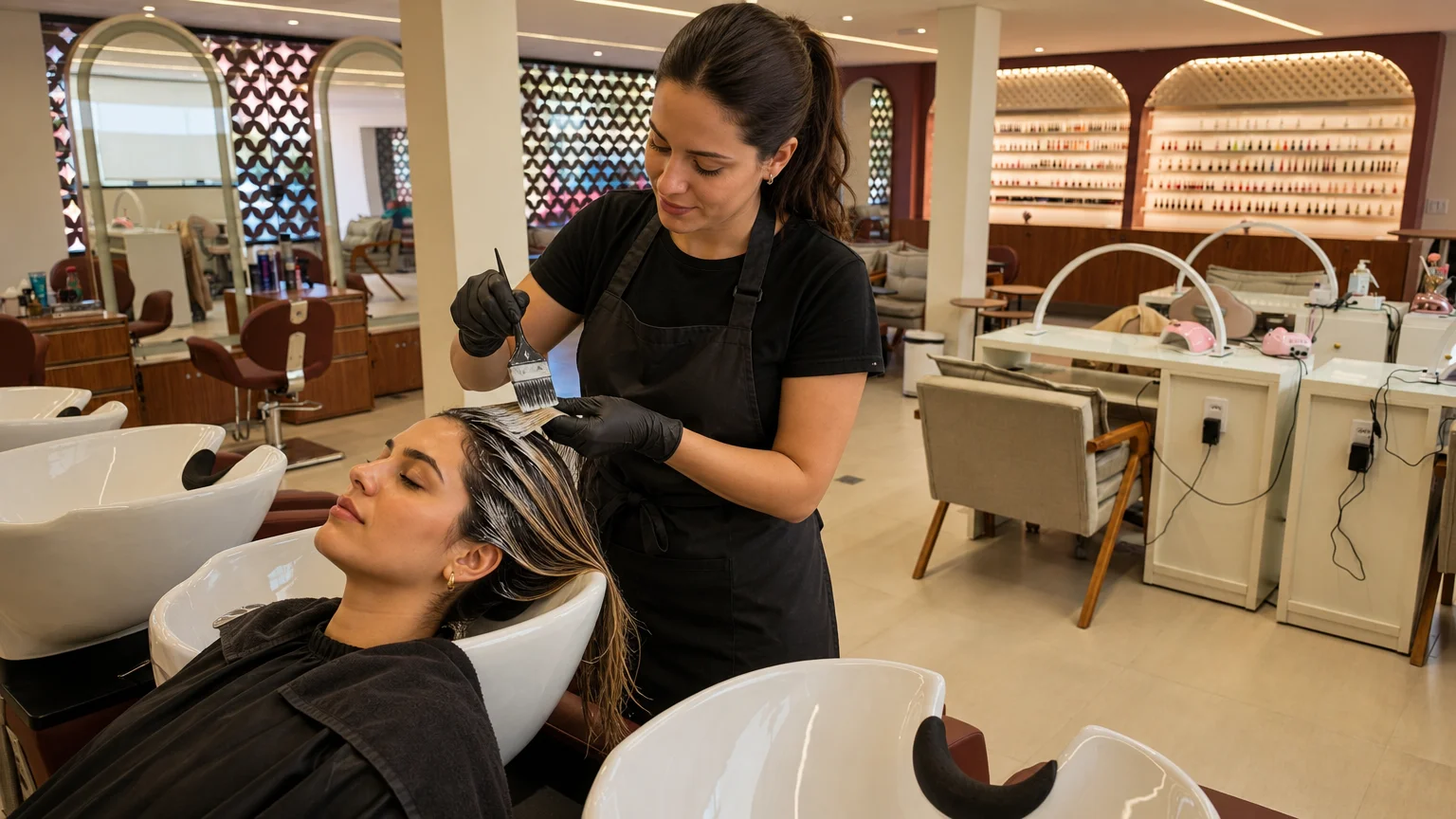 Colorista aplicando tinta de cabelo em mechas com pincel em lavatório de salão premium em Bauru