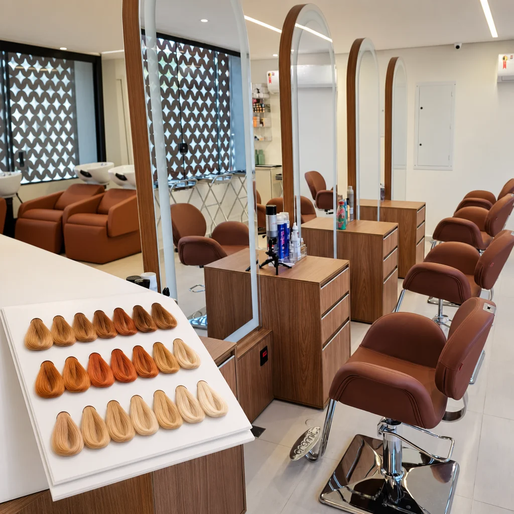 Painel de amostras de cores de cabelo para primavera: tons mel, cobre e loiro solar