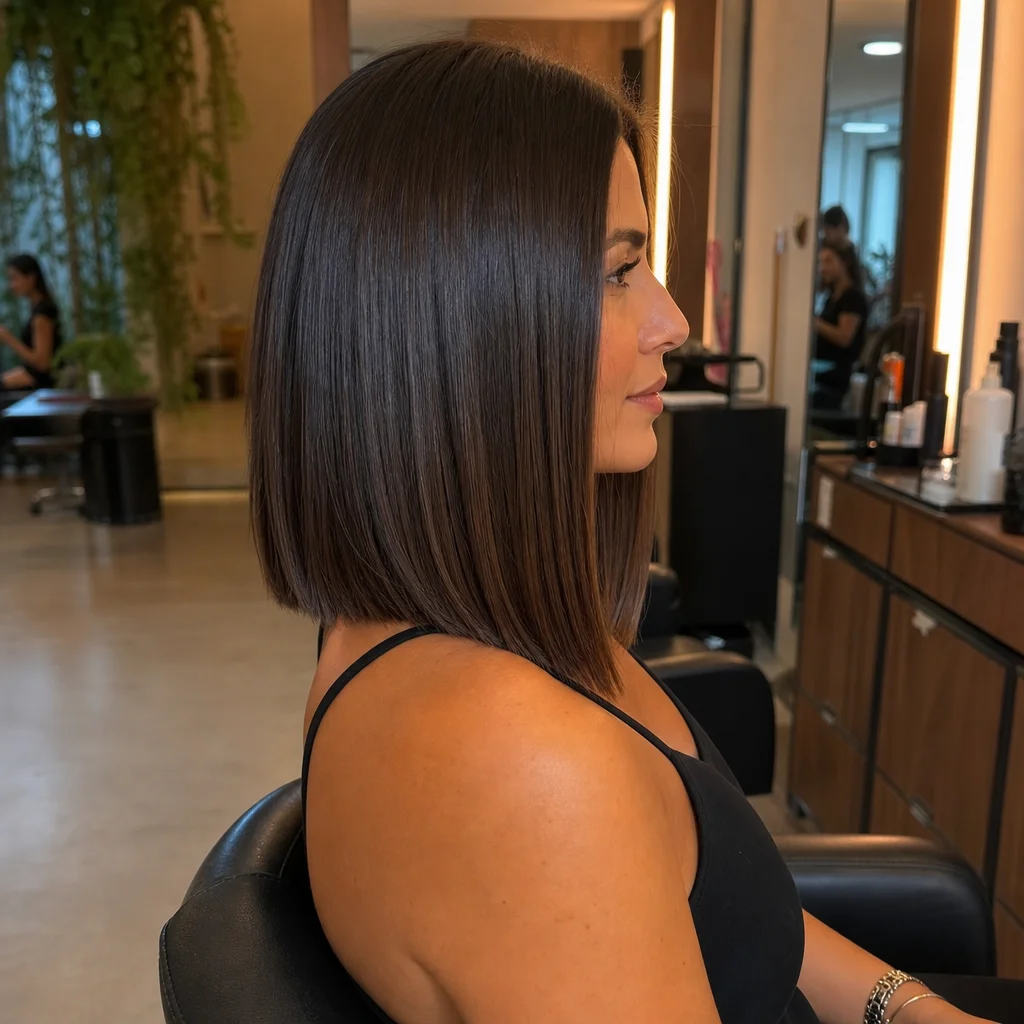 Corte clássico long bob estruturado com linhas limpas no We Hall Beauty em Bauru