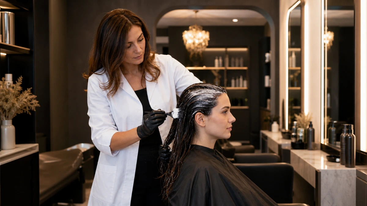 Cabeleireira aplicando máscara de hidratação nos fios de cliente no We Hall Beauty em Bauru