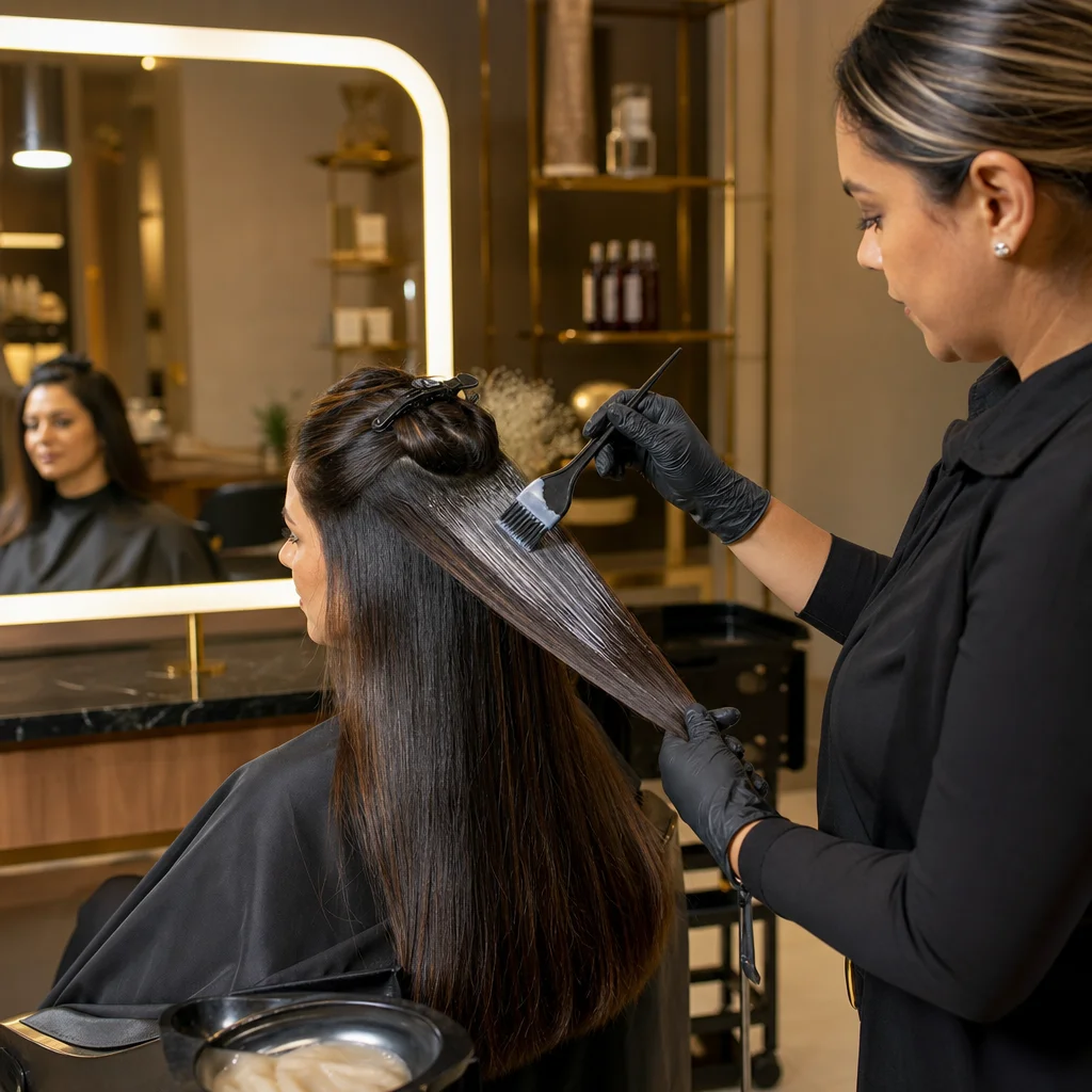 Profissional aplicando hair glazing para selar a cutícula e devolver brilho ao cabelo no We Hall Beauty em Bauru