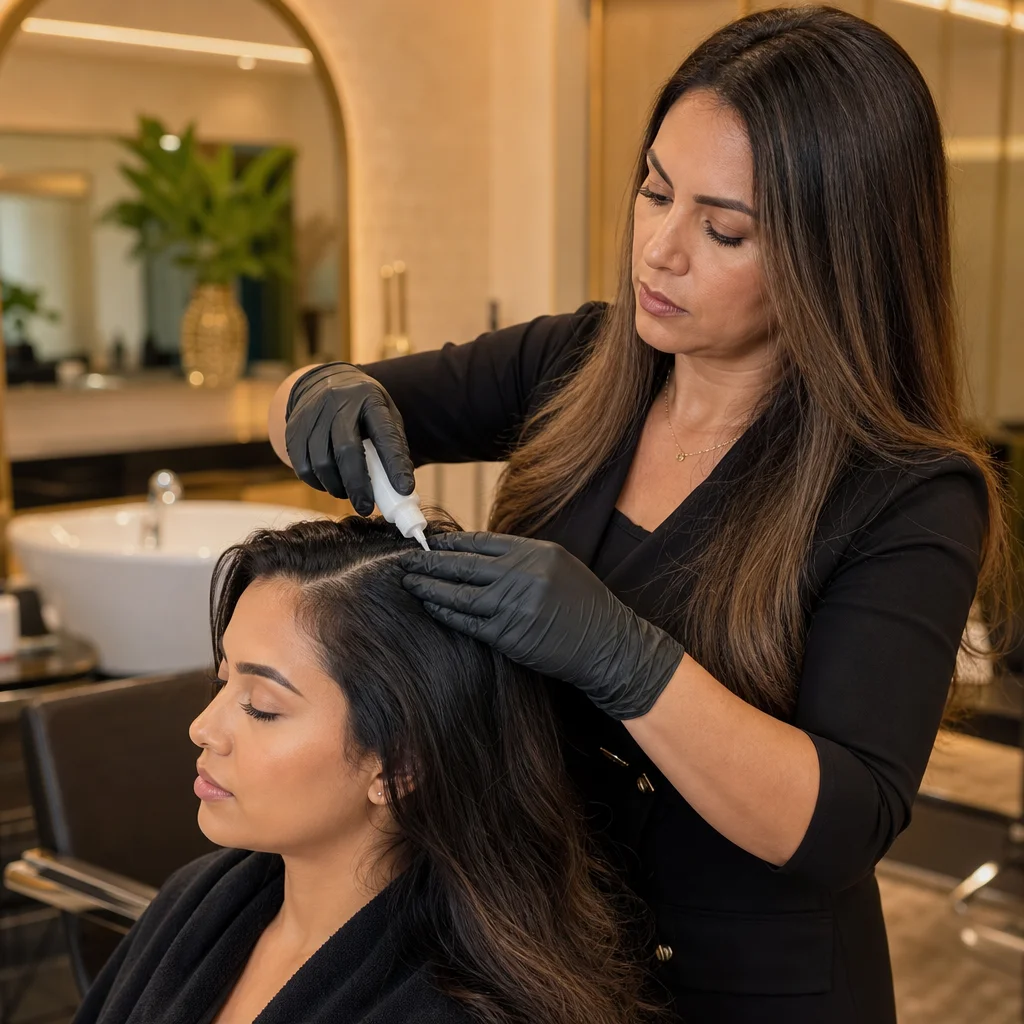 Profissional aplicando tratamento seborreguador no couro cabeludo de cliente no We Hall Beauty em Bauru