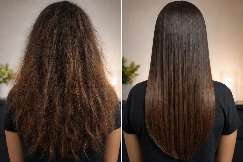 Comparativo de cabelo com frizz intenso e cabelo liso após tratamento no inverno em Bauru