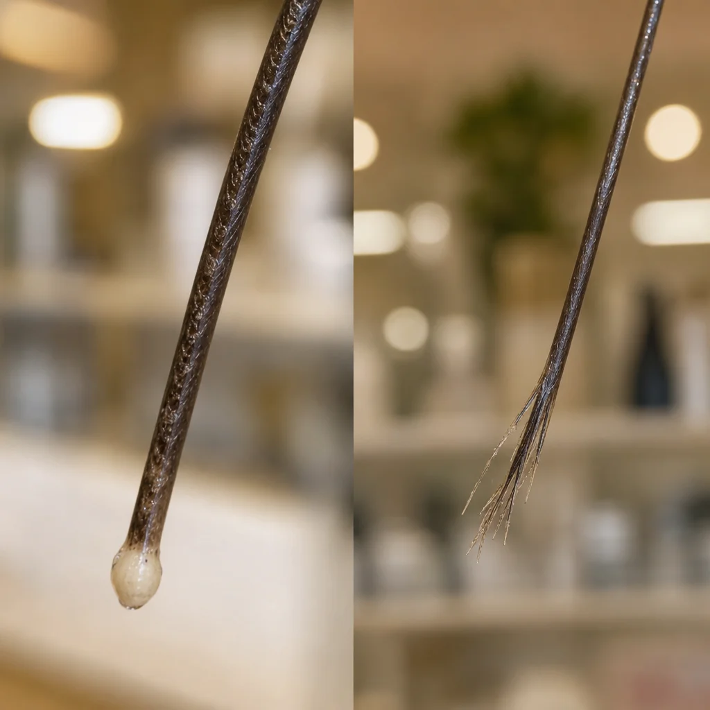Especialista identificando bulbo capilar para distinguir queda de quebra de cabelo no We Hall Beauty em Bauru