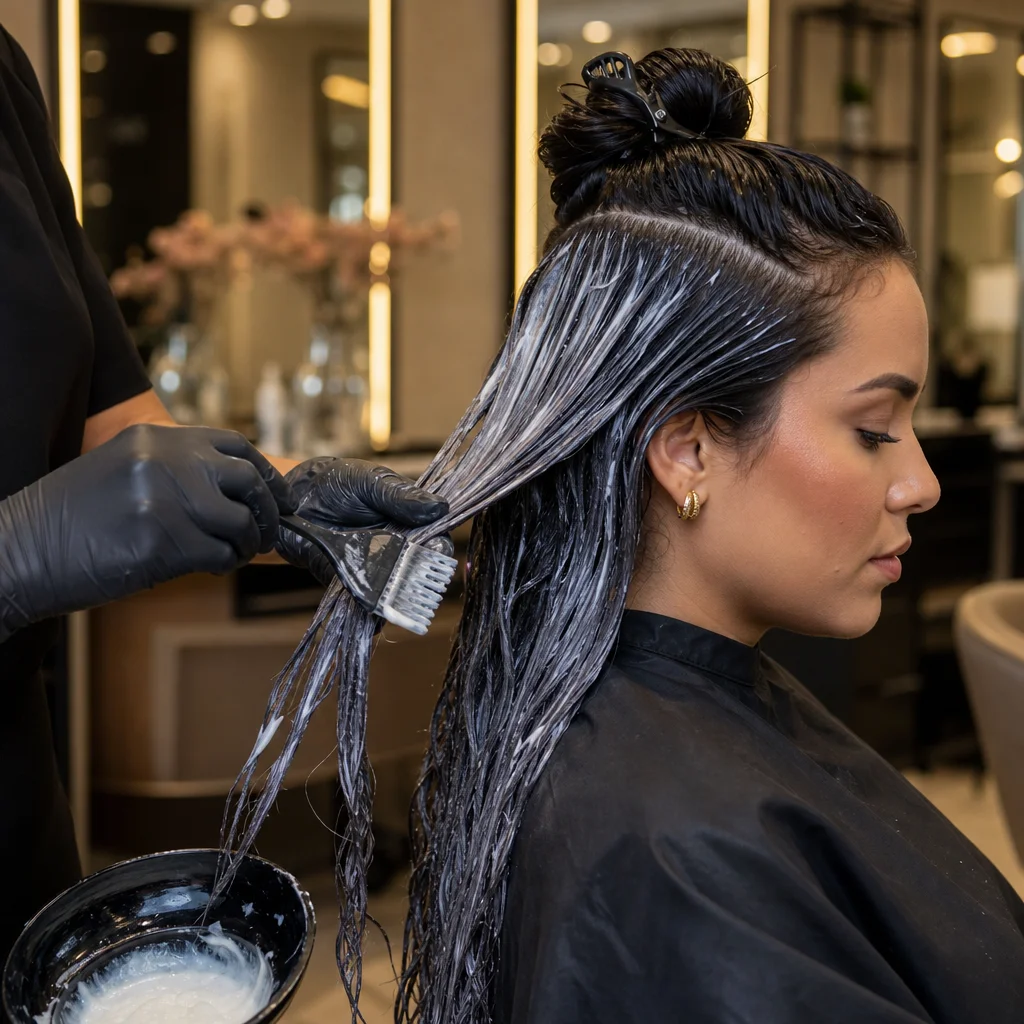 Profissional aplicando tratamento de reconstrução capilar em cliente no We Hall Beauty em Bauru