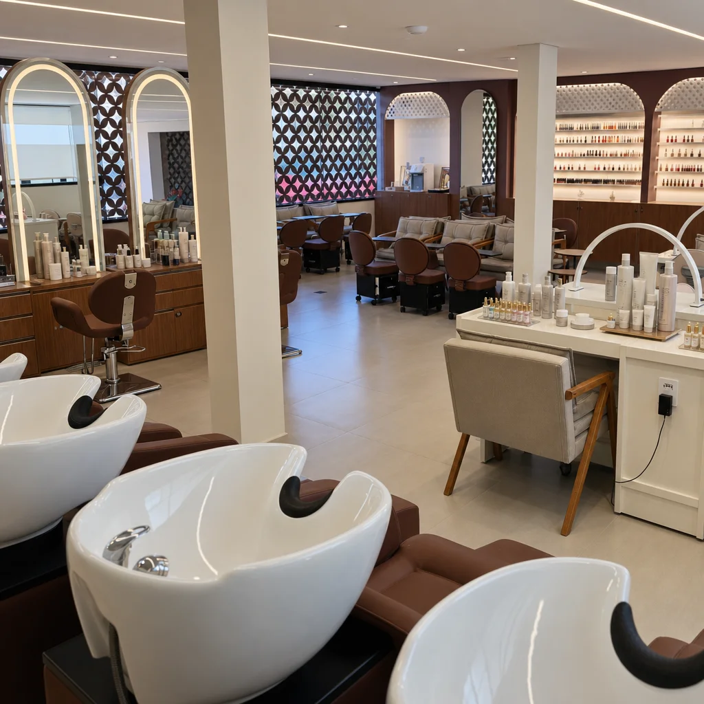 Produtos premium de reconstrução capilar sobre bancada de salão We Hall Beauty