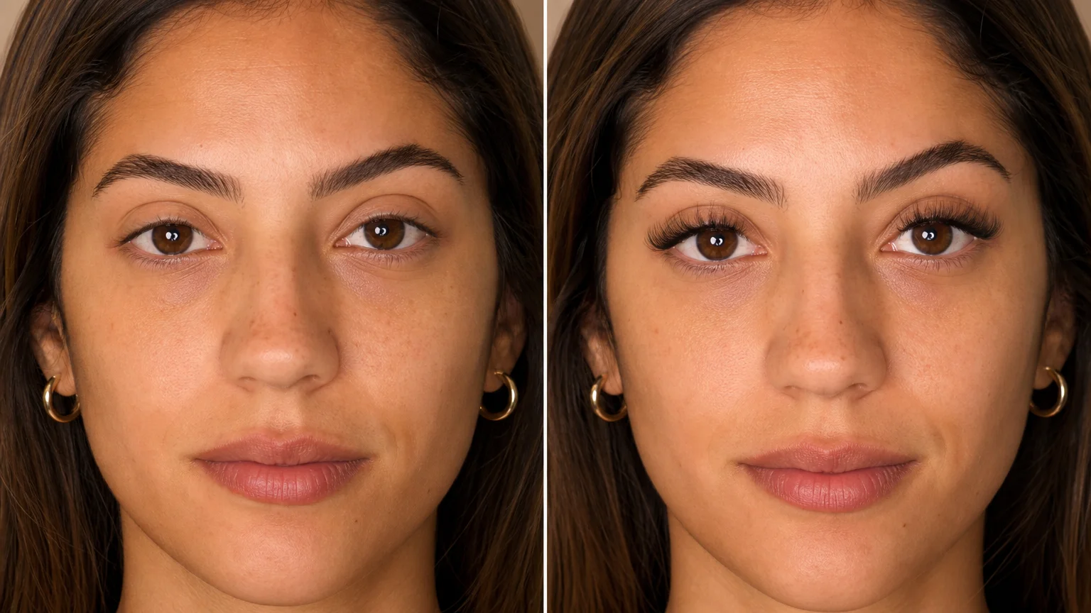 antes e depois da extensão de cílios — expressão facial