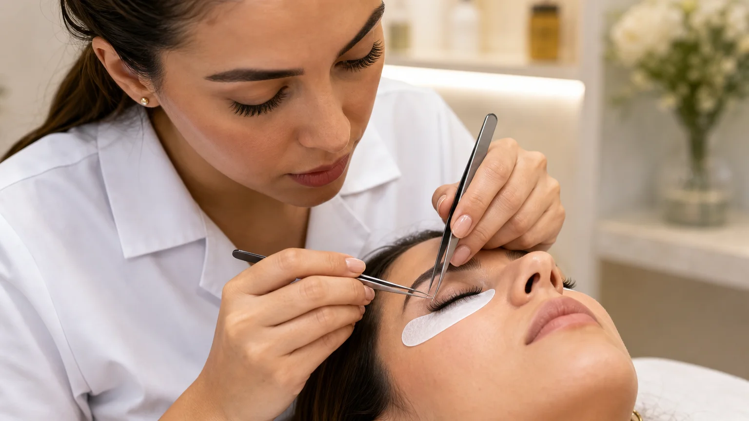 ciliista aplicando extensão de cílios fio a fio no We Hall Beauty em Bauru