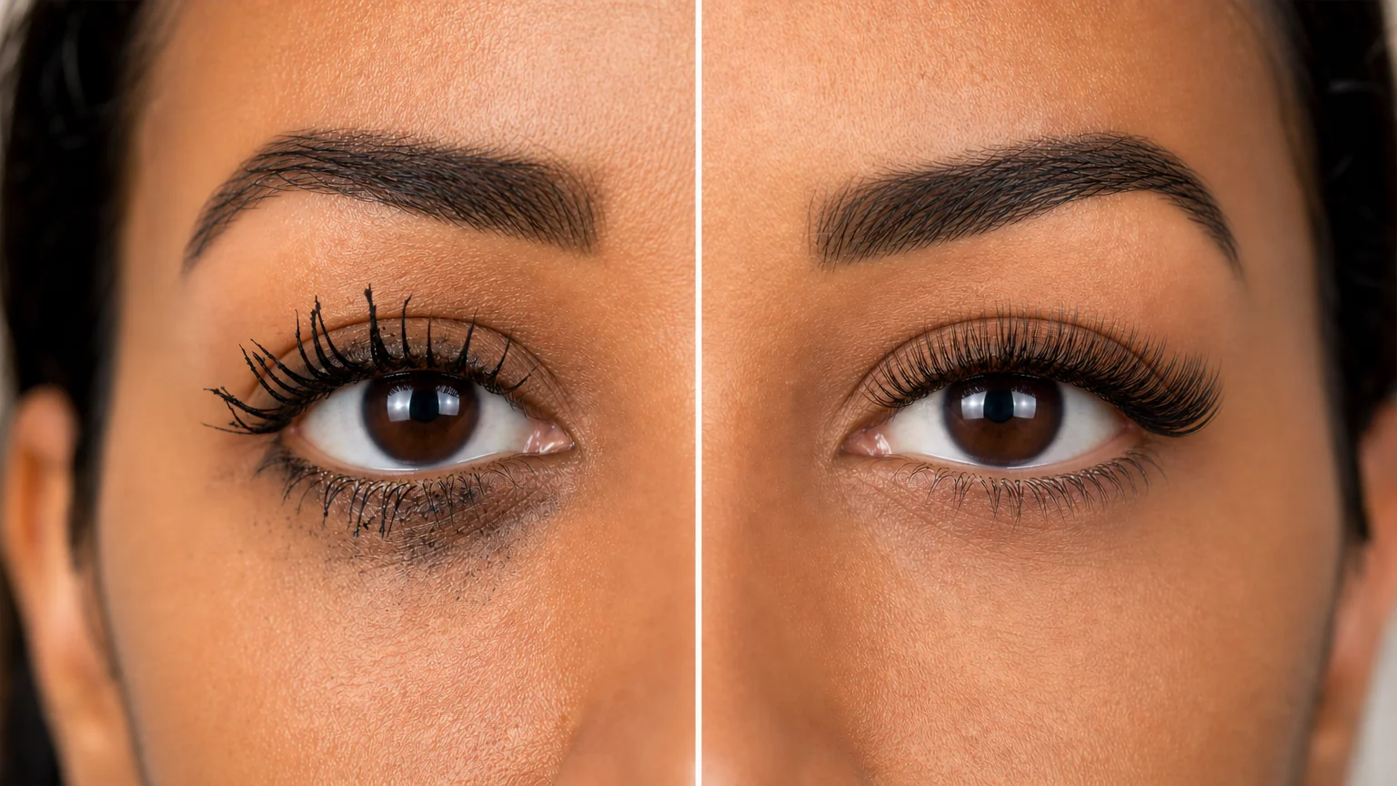 olhos com rímel borrado no fim do dia — problema que as extensões de cílios resolvem