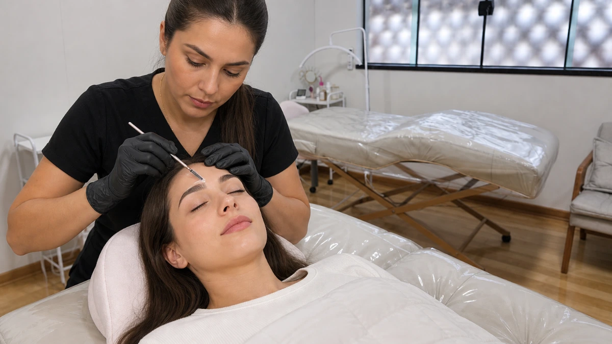 Profissional realizando brow lamination em cliente no We Hall Beauty em Bauru