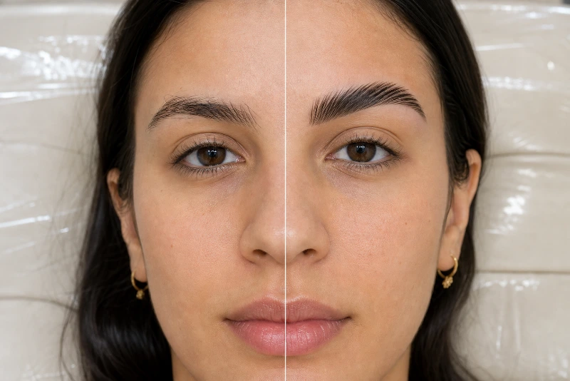 Resultado do brow lamination: antes e depois com pelos alinhados e sobrancelha estruturada