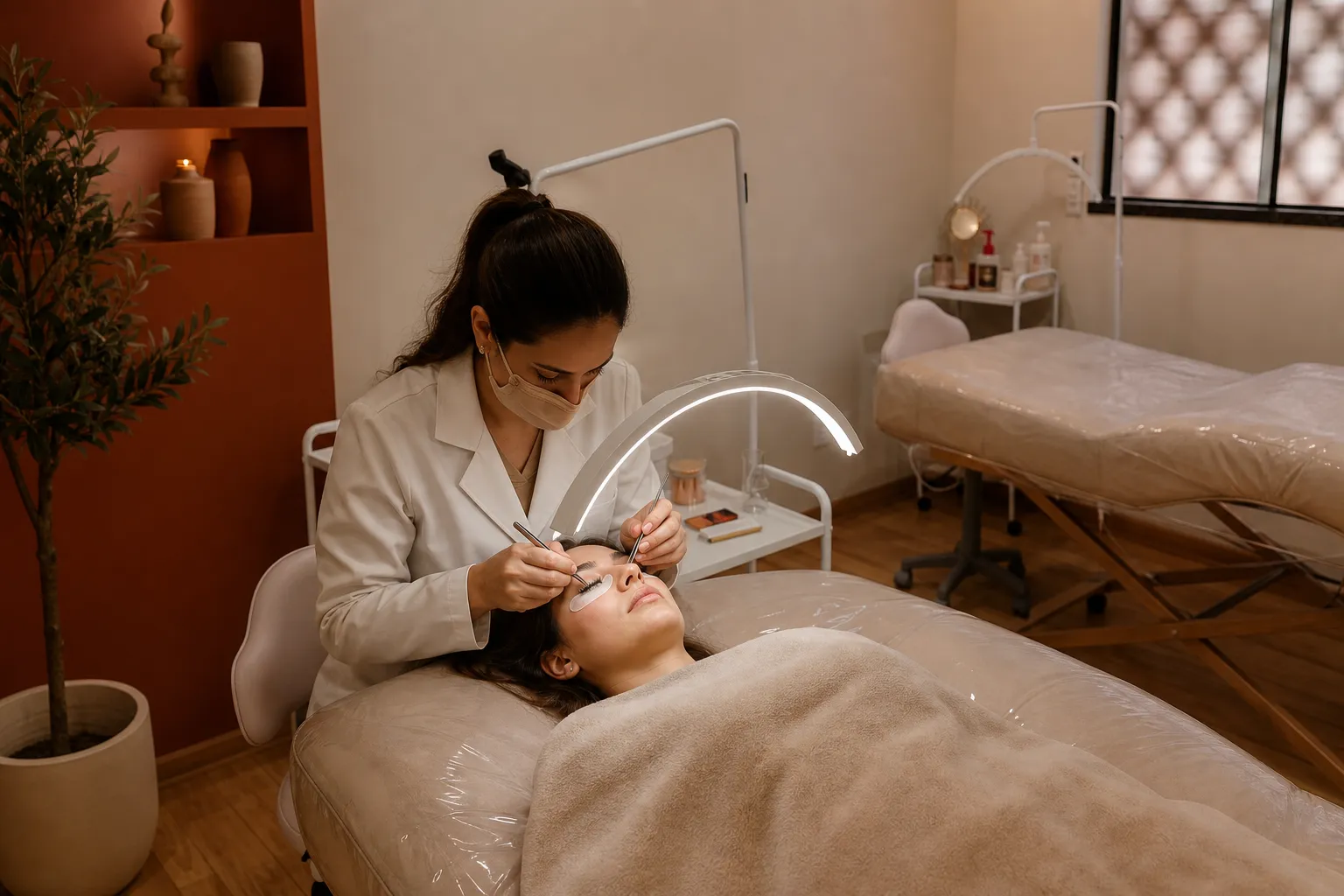 Profissional realizando manutenção de cílios alongados no We Hall Beauty