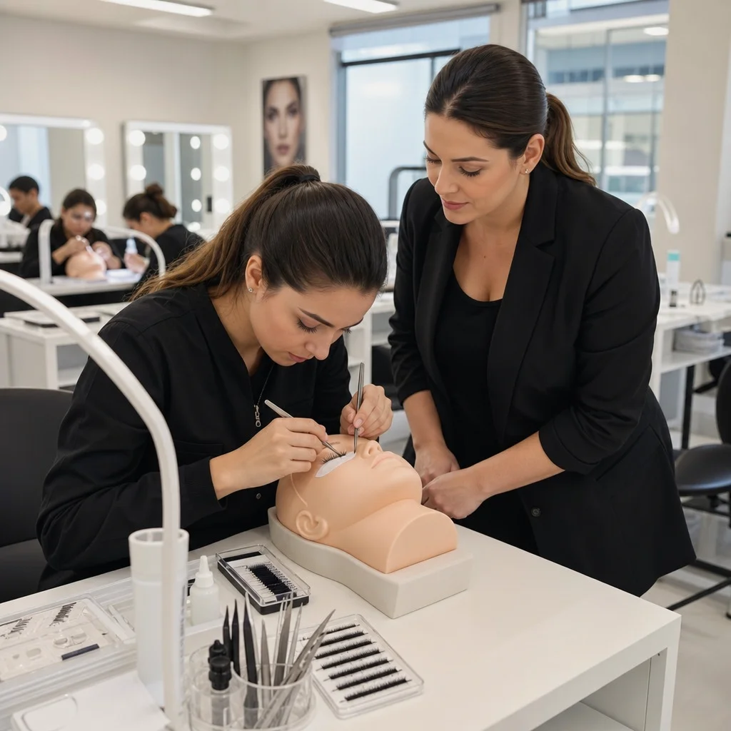 Aula prática de extensão de cílios no curso Lash Design