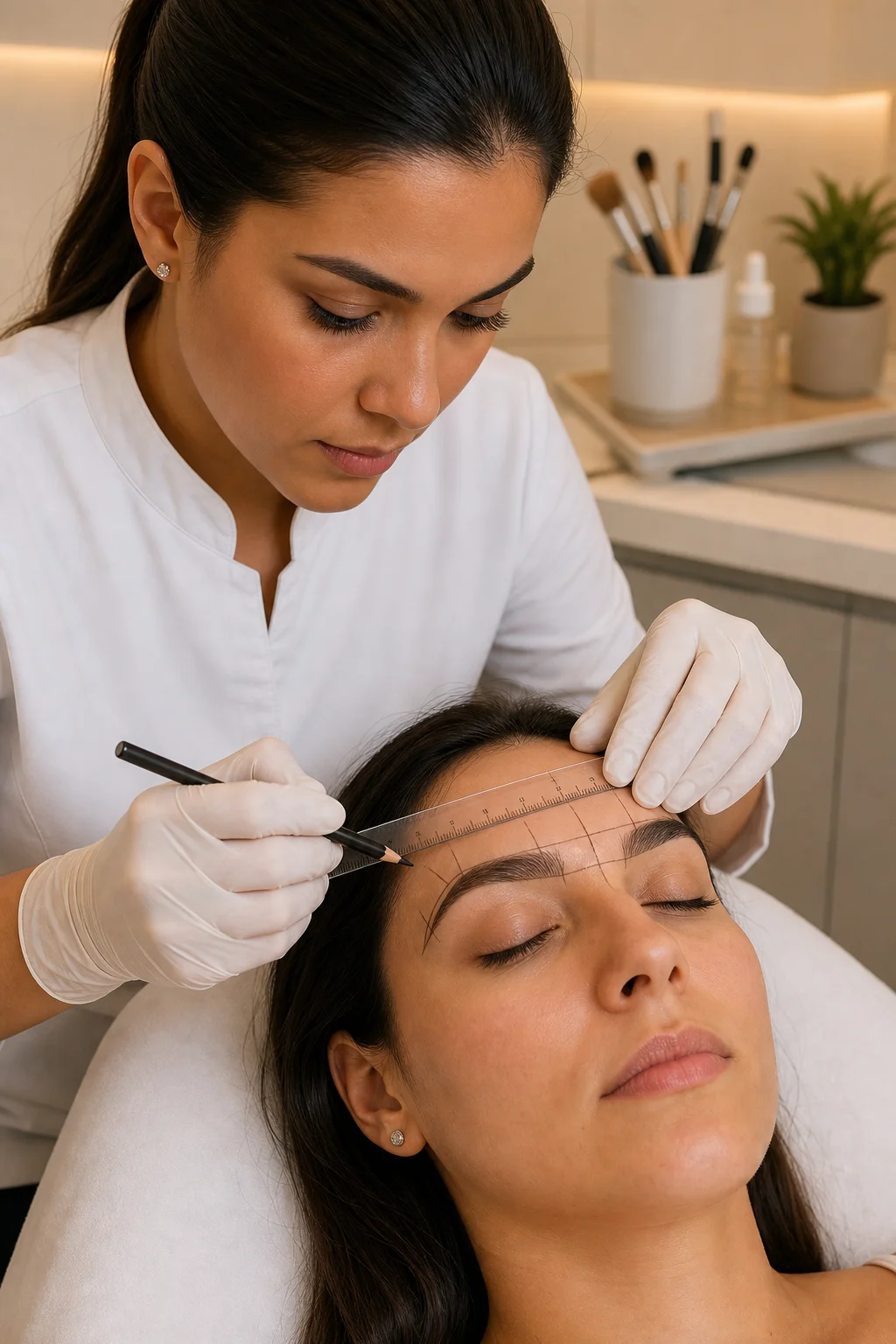 Profissional realizando design completo de sobrancelhas com régua e mapeamento