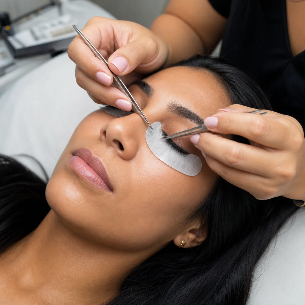 Profissional aplicando extensão de cílios fio a fio no We Hall Beauty em Bauru