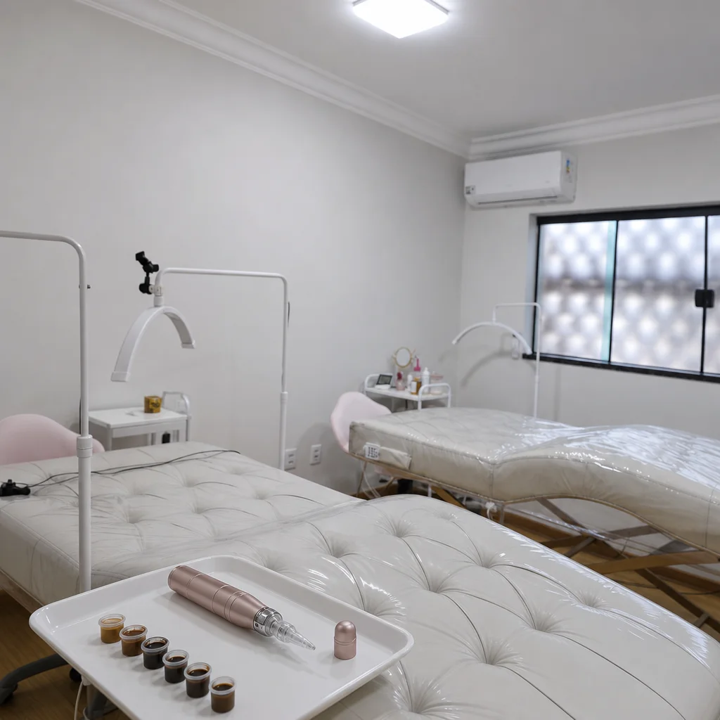 Dermógrafo profissional e potes de pigmento em tons naturais sobre bandeja branca de micropigmentação