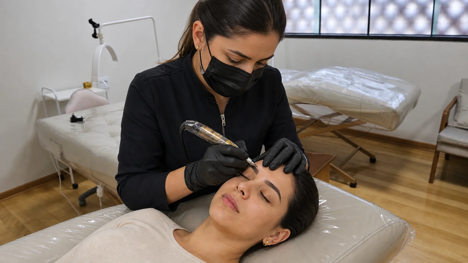 Especialista aplicando micropigmentação de sobrancelhas em cliente no We Hall Beauty Bauru