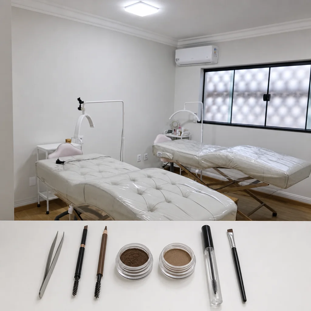 Mesa com produtos para design de sobrancelhas: pinças, lápis, henna e gel