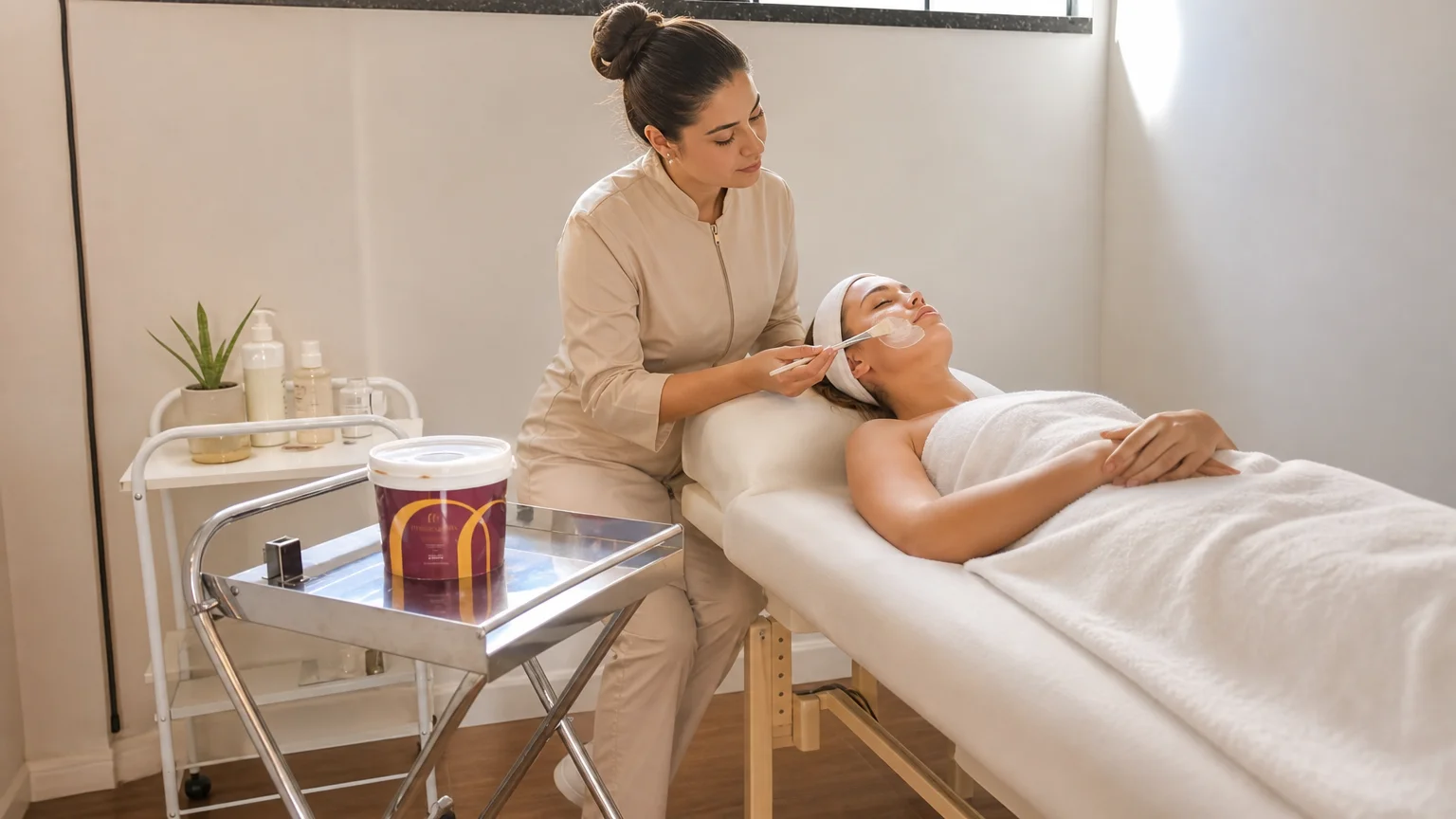 Profissional realizando depilação com cera em sala de depilação do We Hall Beauty em Bauru