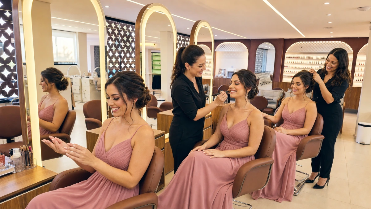 Grupo de madrinhas se preparando para casamento no We Hall Beauty em Bauru
