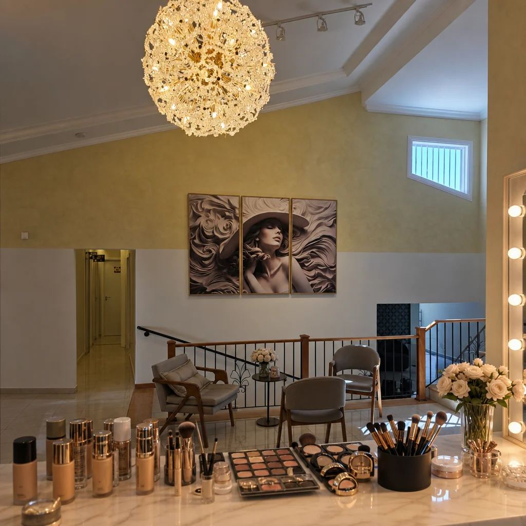 Mesa de maquiagem com produtos premium organizados para noiva no We Hall Beauty