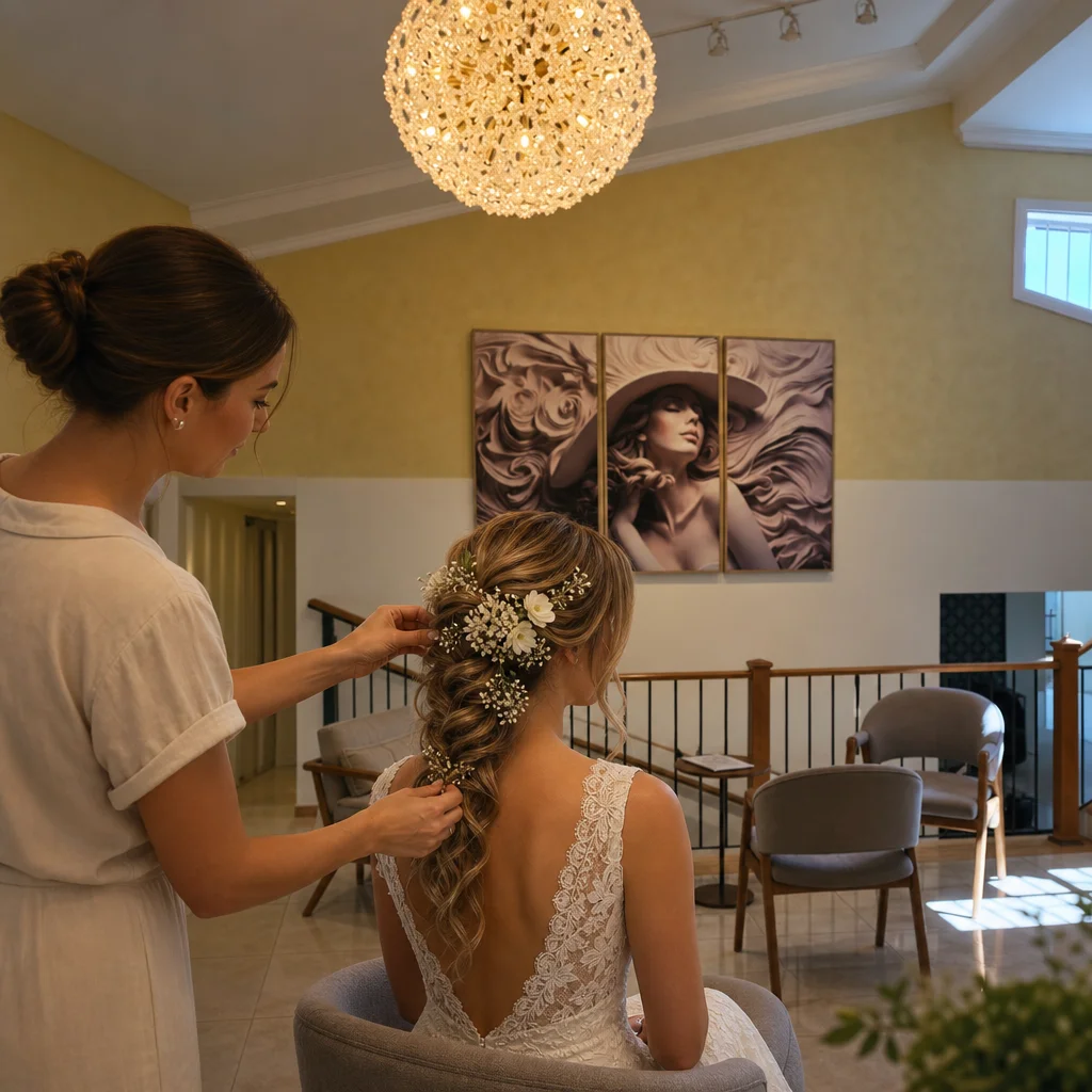 Cabelereira finalizando penteado de noiva com flores naturais no salão We Hall Beauty em Bauru