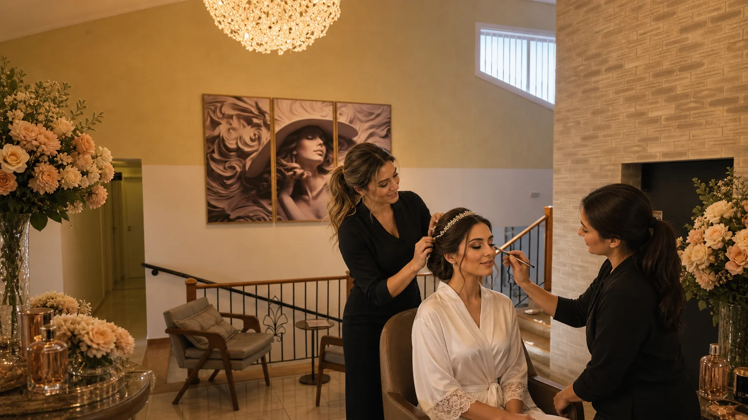 Noiva sendo produzida em salão de beleza luxuoso em Bauru com flores e luz dourada