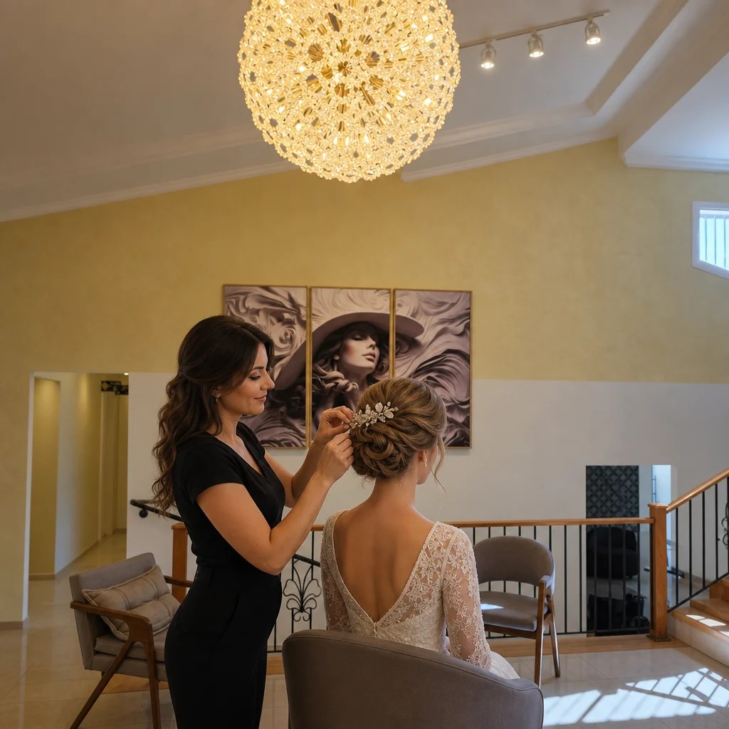 Cabeleireira finalizando penteado de noiva com acessório floral