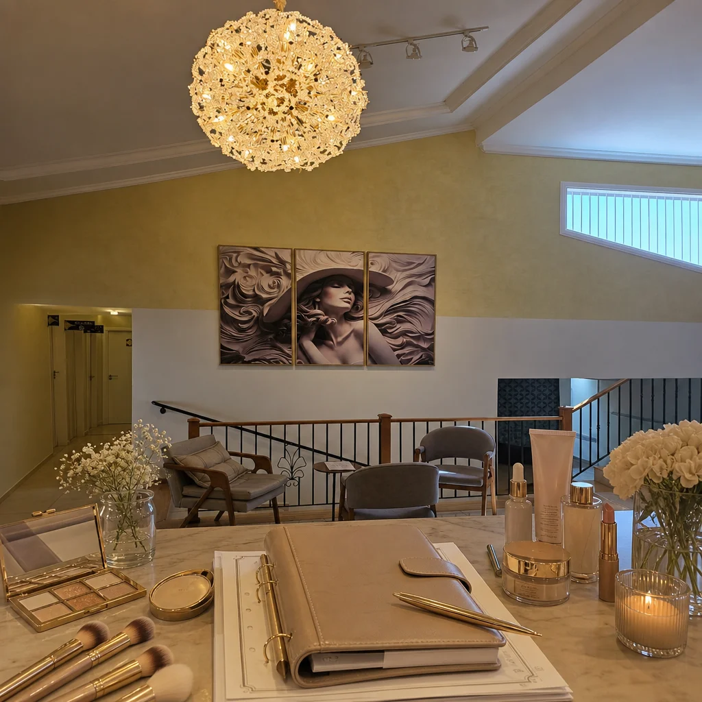 Agenda de planejamento de casamento com produtos de beleza ao redor