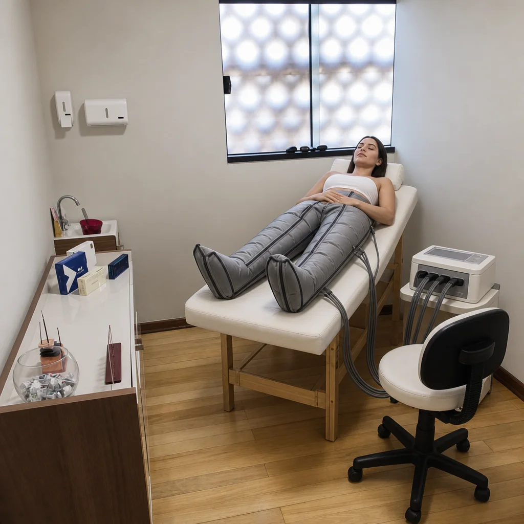 Equipamento de pressoterapia em uso em sala estética profissional