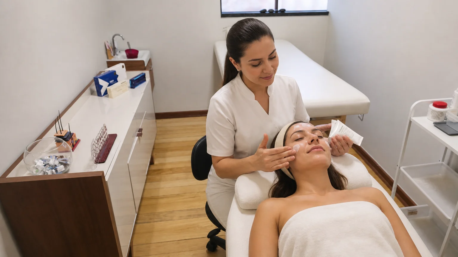 Esteticista aplicando protetor solar em rosto de cliente no We Hall Beauty em Bauru