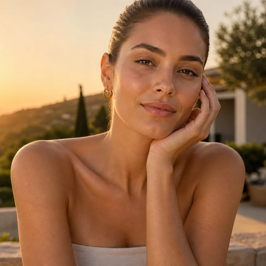 Mulher com pele cuidada e protegida ao sol após tratamento estético