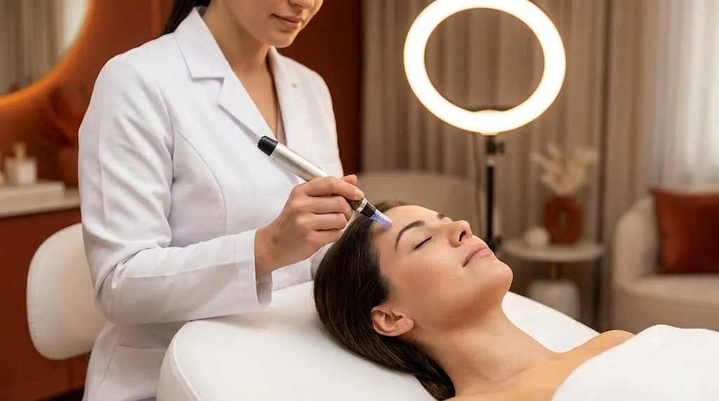Profissional realizando microagulhamento em cliente no We Hall Beauty em Bauru