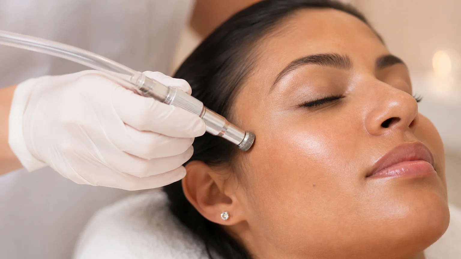 Procedimento de peeling de diamante com ponteira de microdermoabrasão no We Hall Beauty, Bauru