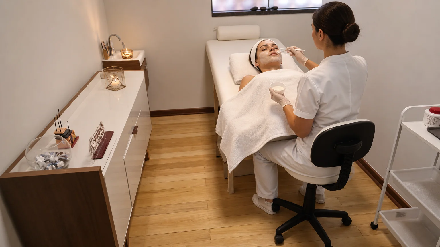 Esteticista aplicando peeling em cliente em salão de estética em Bauru