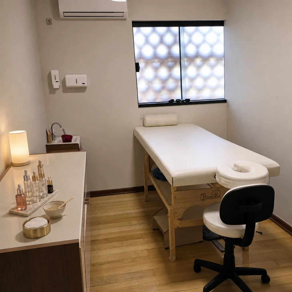 Produtos de peeling organizados em bancada de salão de estética