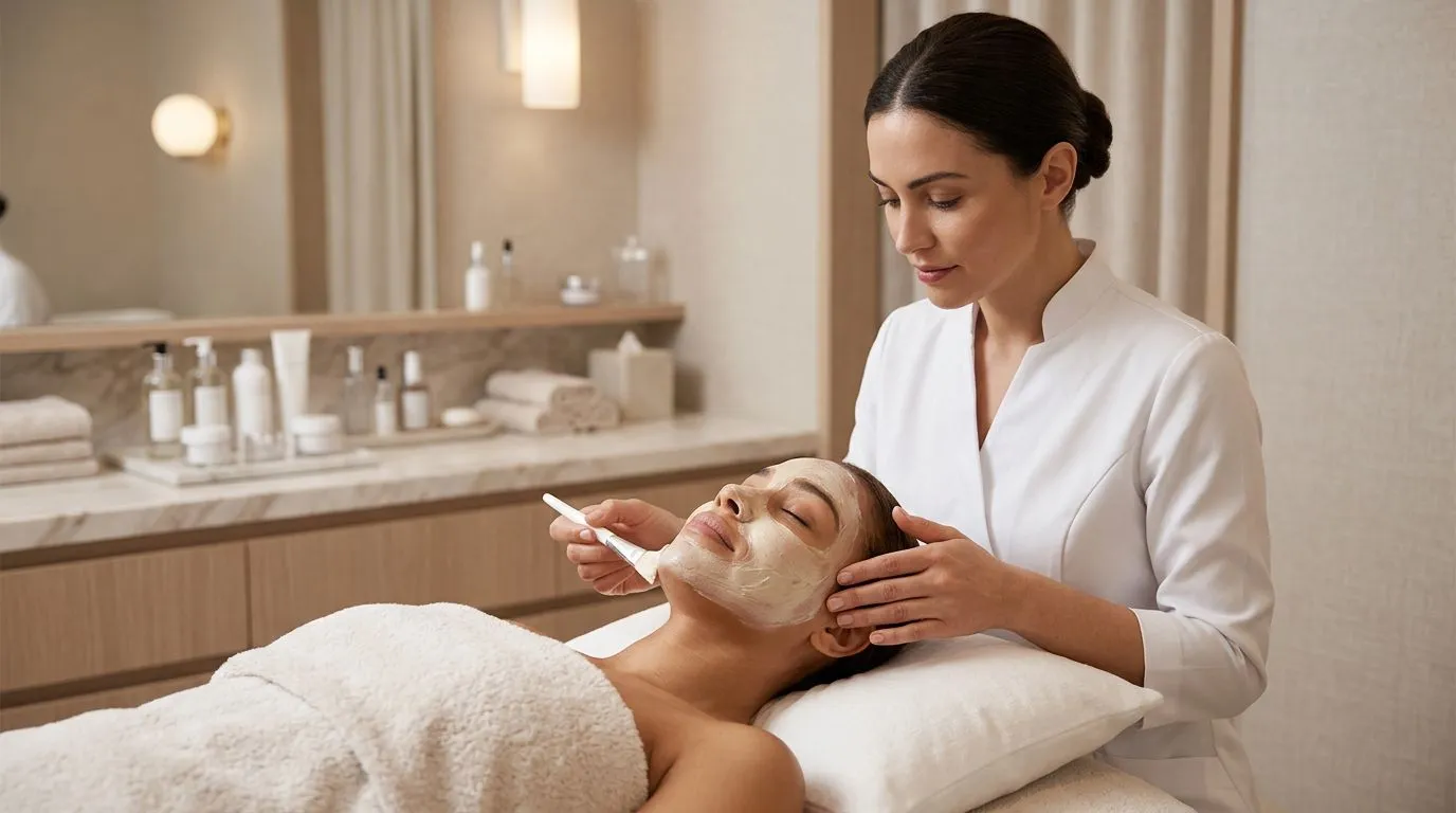 Esteticista aplicando máscara facial em cliente no We Hall Beauty em Bauru