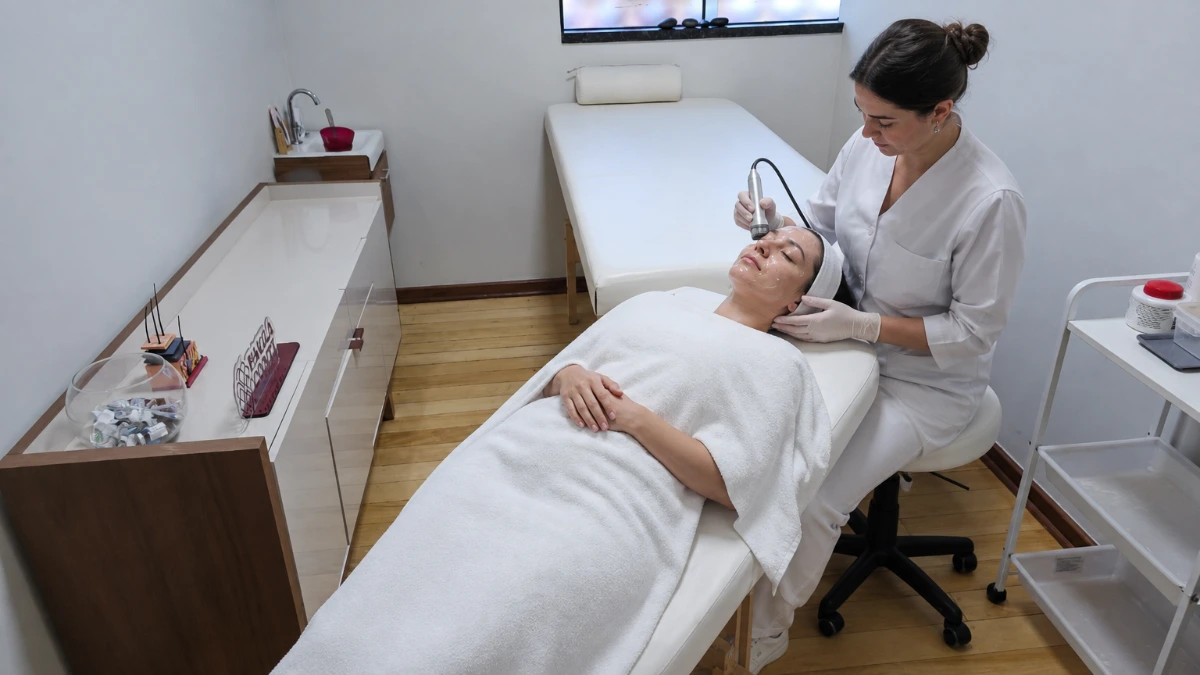 Profissional aplicando radiofrequência facial em cliente no We Hall Beauty em Bauru