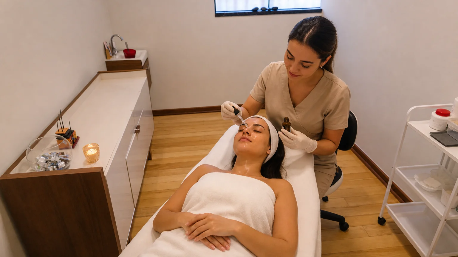Esteticista aplicando sérum de vitamina C em procedimento facial com luz suave