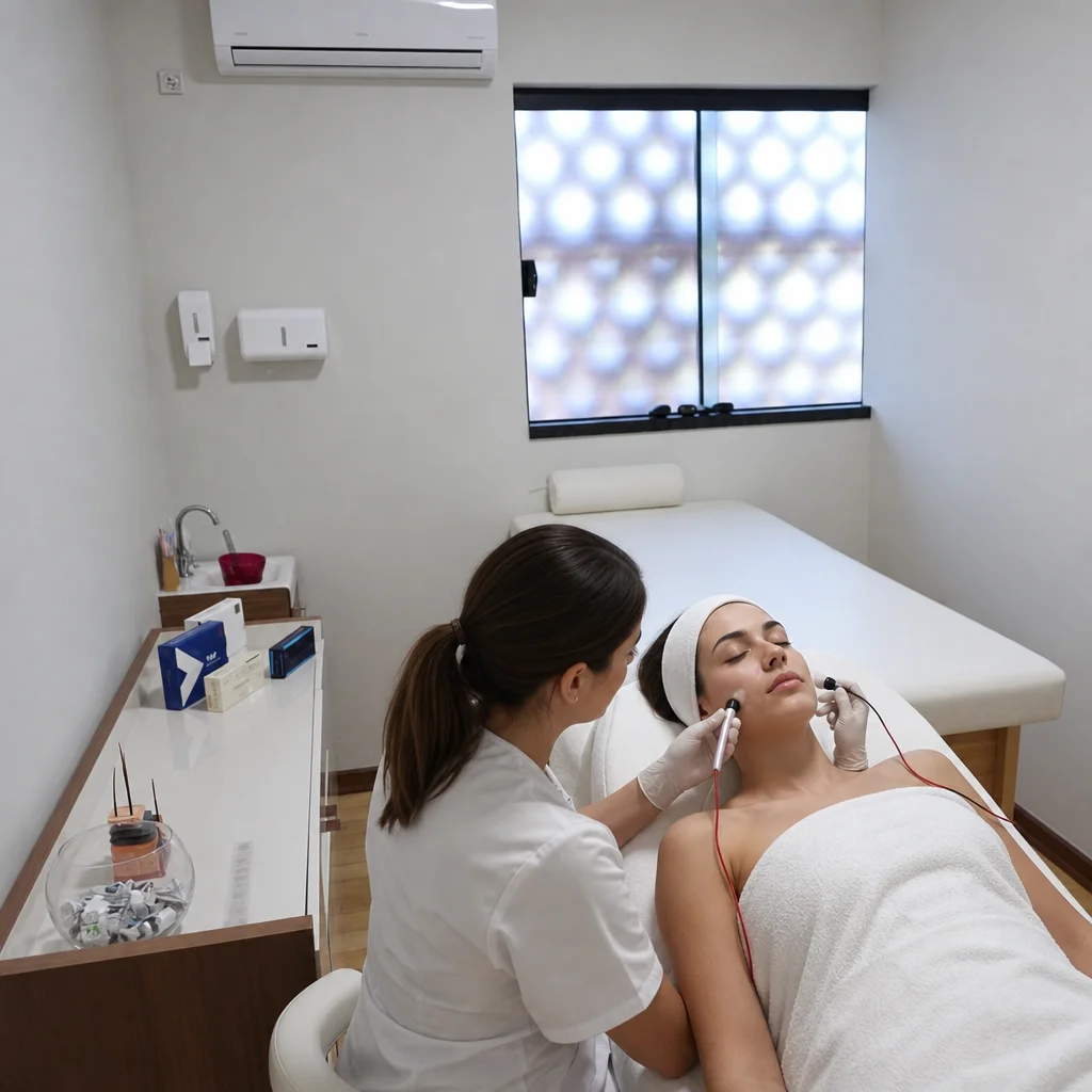 Iontoforese sendo aplicada no rosto com equipamento moderno de estética