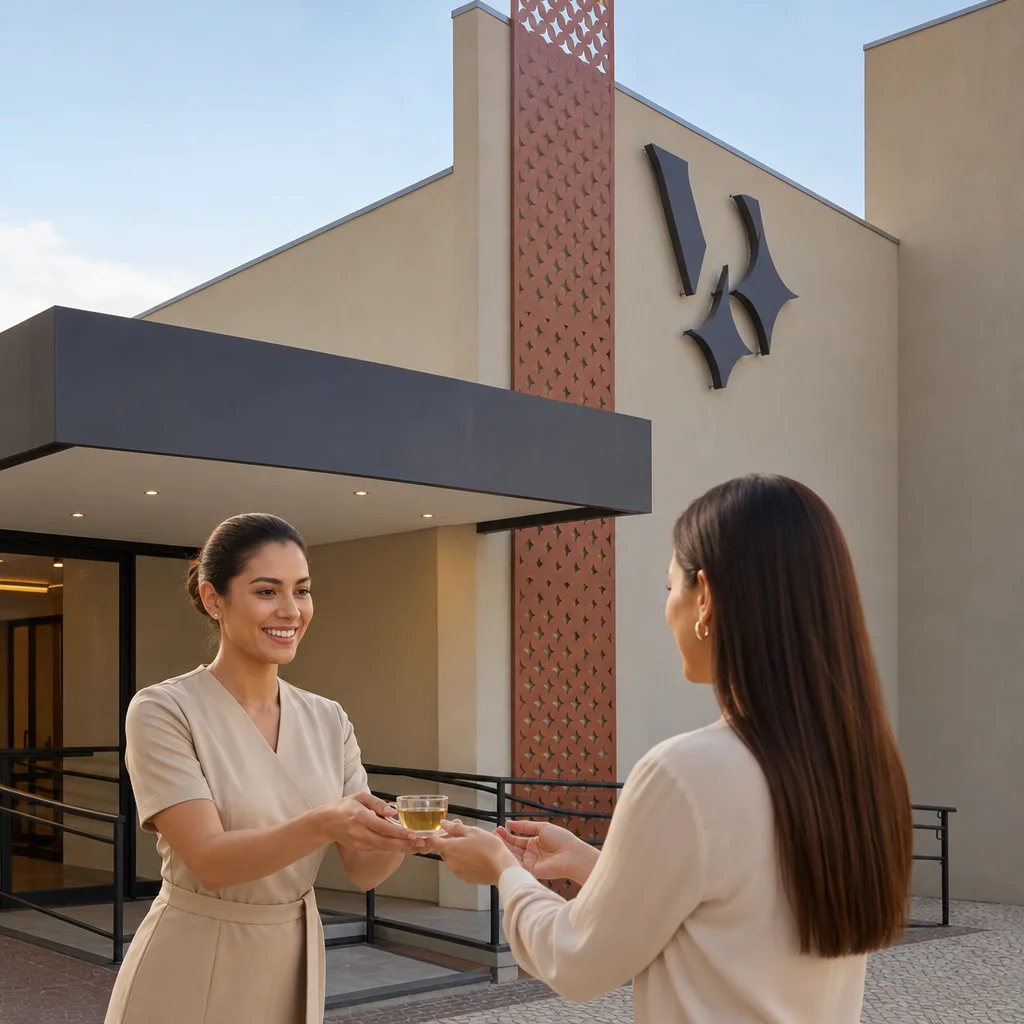 Profissional do We Hall Beauty oferecendo chá a cliente — hospitalidade e cuidado no Dia das Crianças
