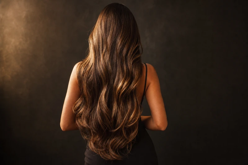 Resultado do mega hair: comprimento e volume naturais em cabelo castanho dourado
