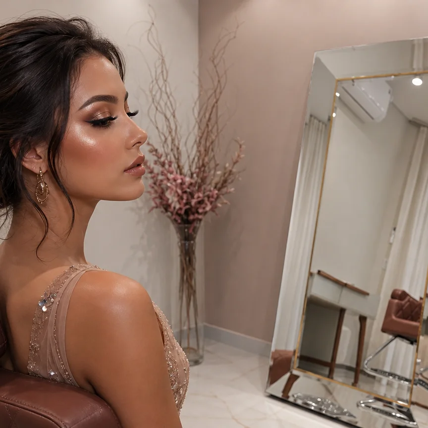 Mulher elegante com make glam completa para festa de fim de ano