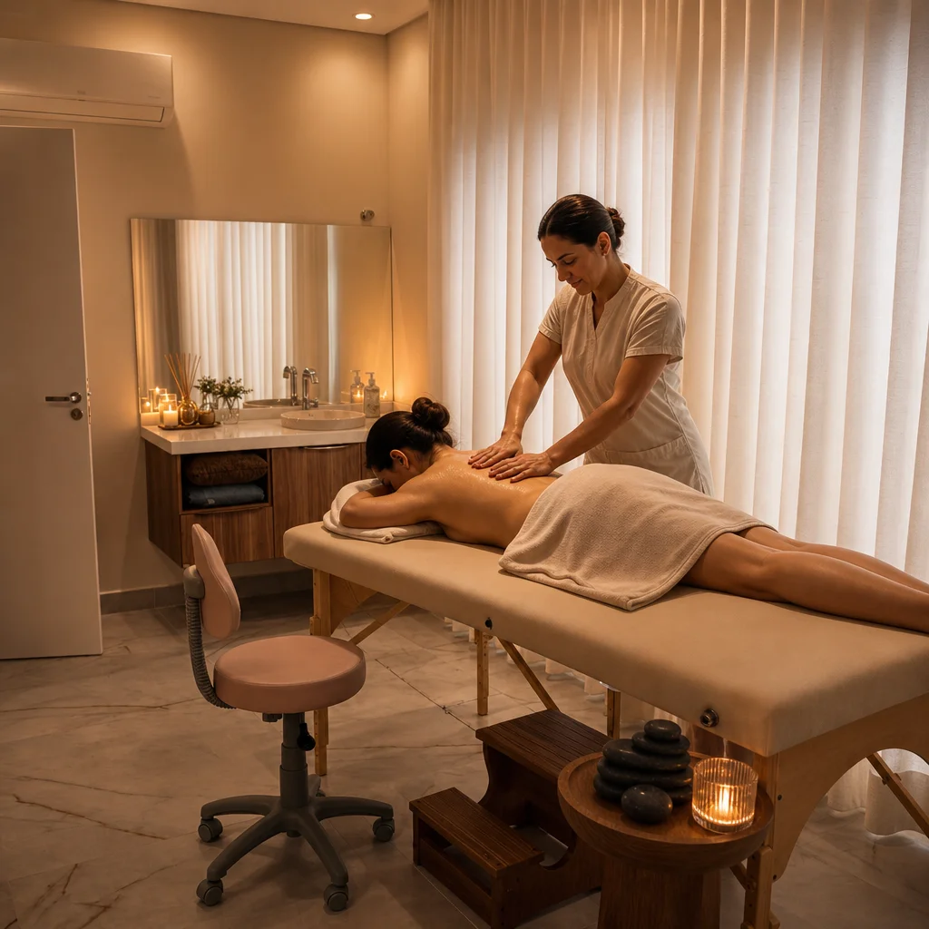 Massagem com pedras vulcânicas e luz âmbar no We Hall Beauty