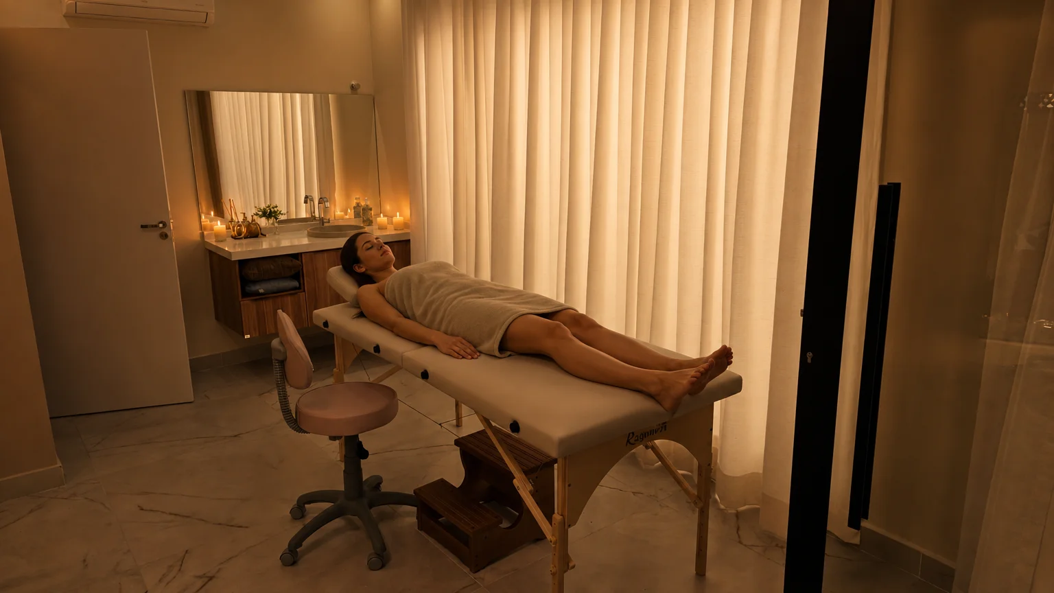 Mulher reclinada em maca de spa com expressão serena e velas ao fundo — We Hall Beauty Bauru